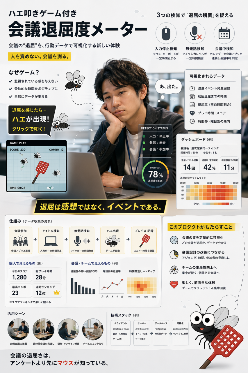 ハエ叩きゲーム付き会議退屈度メーターの紹介ポスター